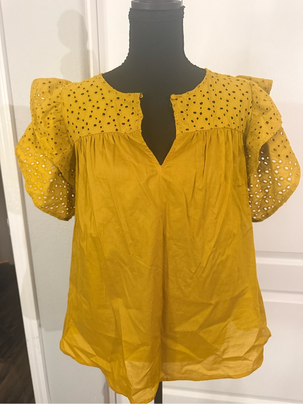 a new day Mustard Eyelet Puff-Sleeve Split-Neck Top